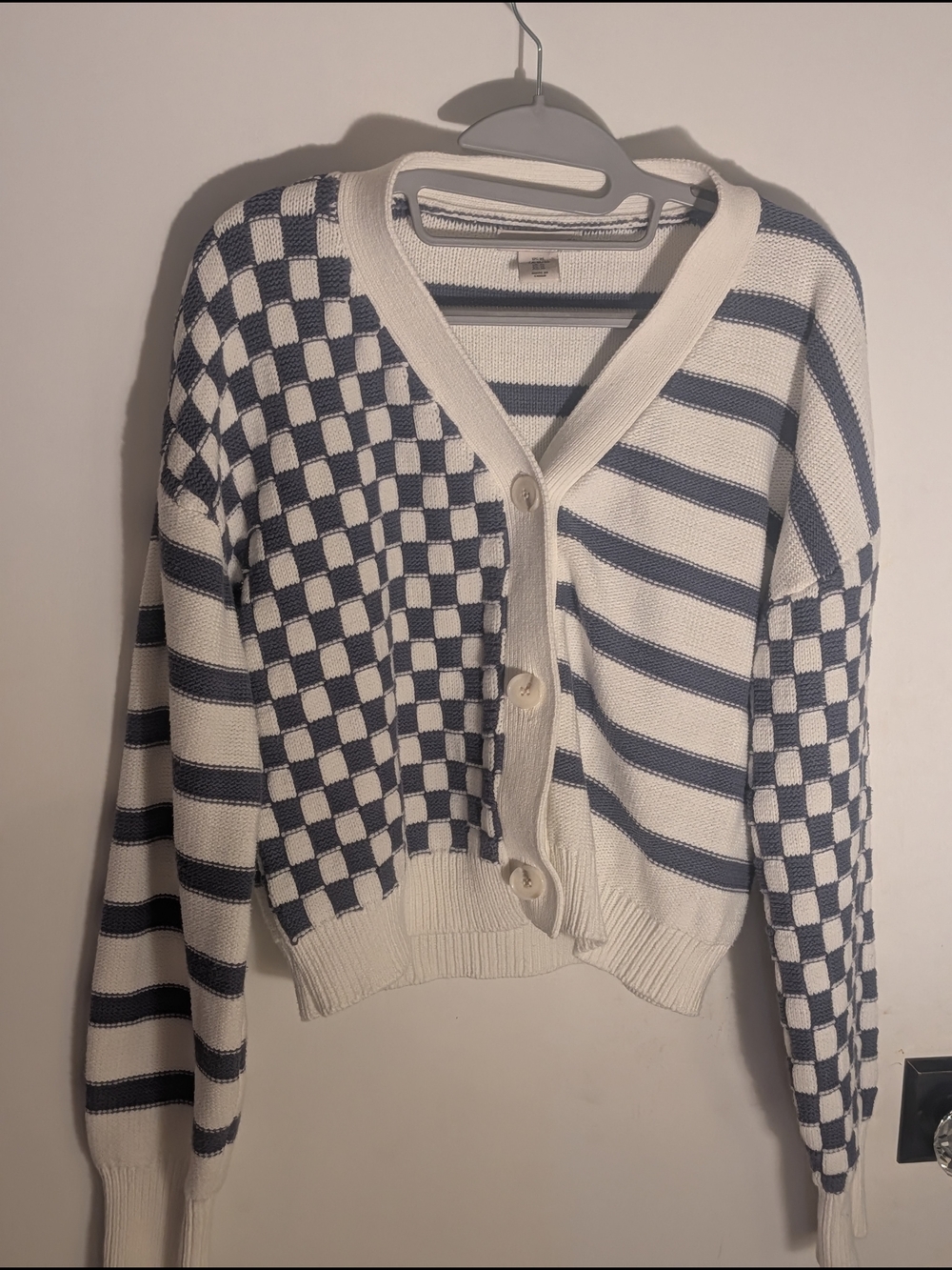 Sincerely Jules White & Navy Checkered-Striped Button Cardigan
